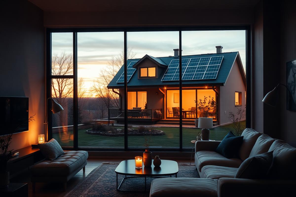 Salon chaleureux avec vue sur une maison équipée de panneaux solaires noirs